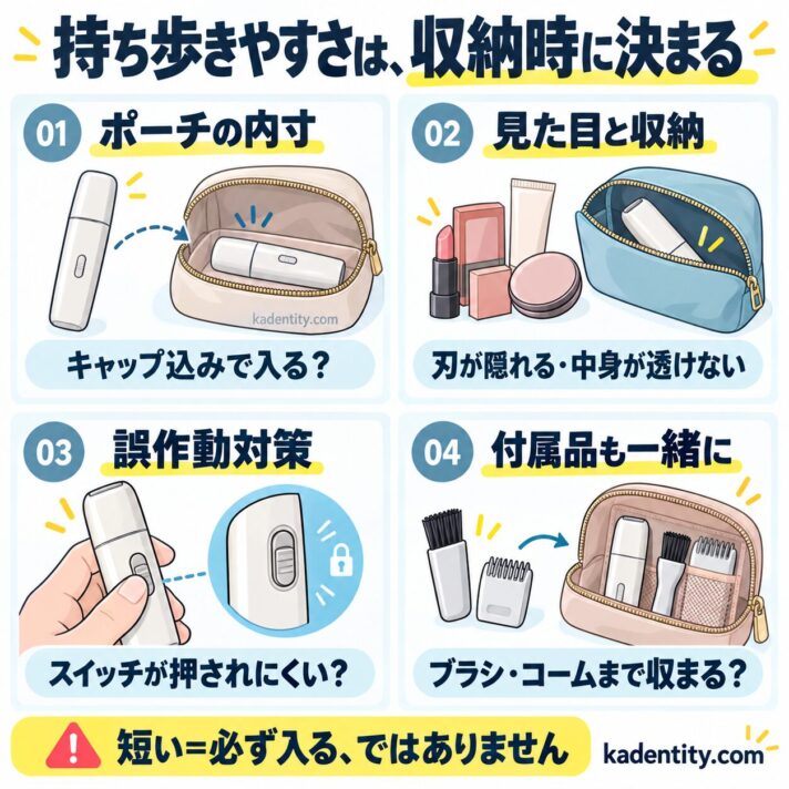 持ち運びではポーチの内寸、刃を隠す収納、誤作動対策、ブラシとコームの収まりを確認