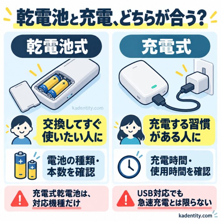 乾電池式は交換して使いたい人、充電式は充電する習慣がある人向け。充電時間と対応電池に注意